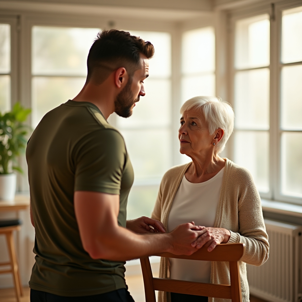 Instructor demonstrating a chair-assisted stance for an older adult in a bright home studio