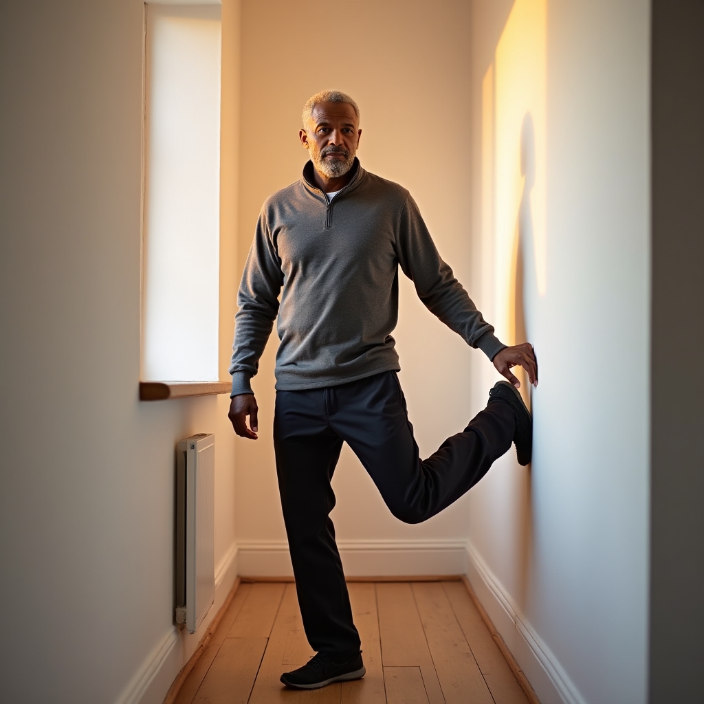 Older man practicing a single-leg balance exercise with one hand lightly resting on a wall for support