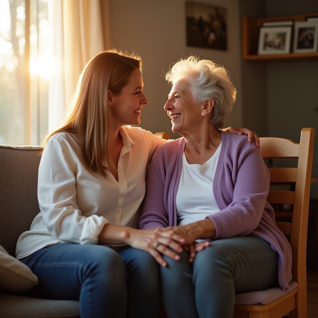 Adult daughter sitting beside her mother, both smiling, near a chair set up for a home exercise session