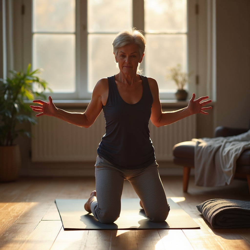 Older woman practicing getting up from the floor without using her hands during a home training session