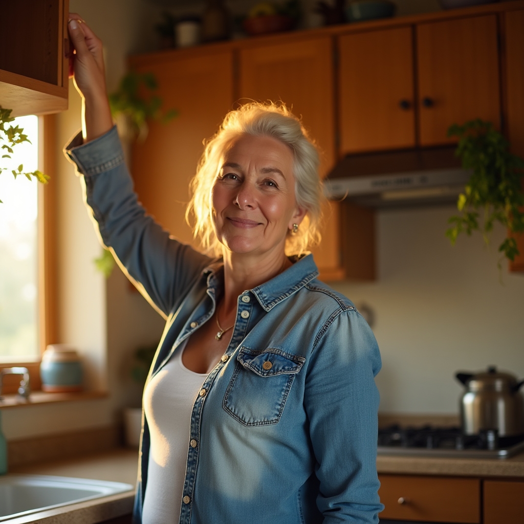 Older woman standing confidently in her kitchen while reaching for a shelf, representing everyday independence
