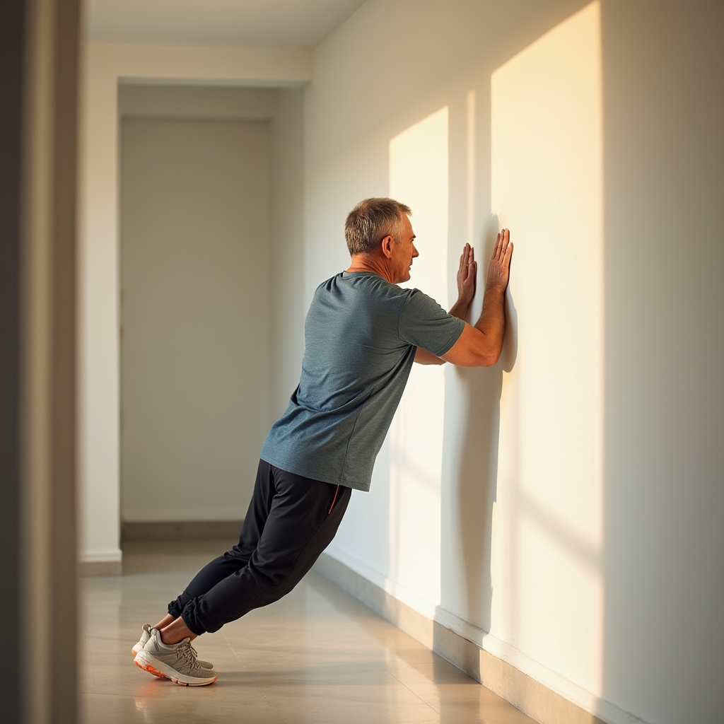 Older man performing a wall-supported push-up exercise with correct posture in a home setting