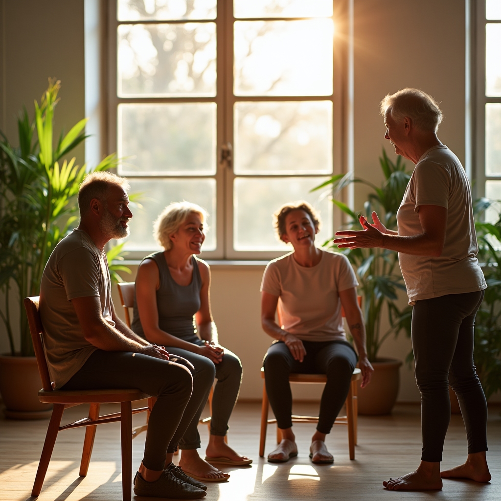 Instructor explaining a movement pattern to a small group of older adults gathered around a chair in a bright studio